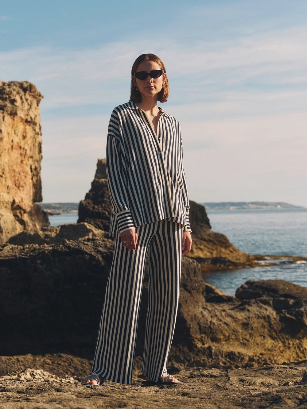 WHITE + WARREN Superfine Organic Cotton Striped Navy Wide Leg Pant